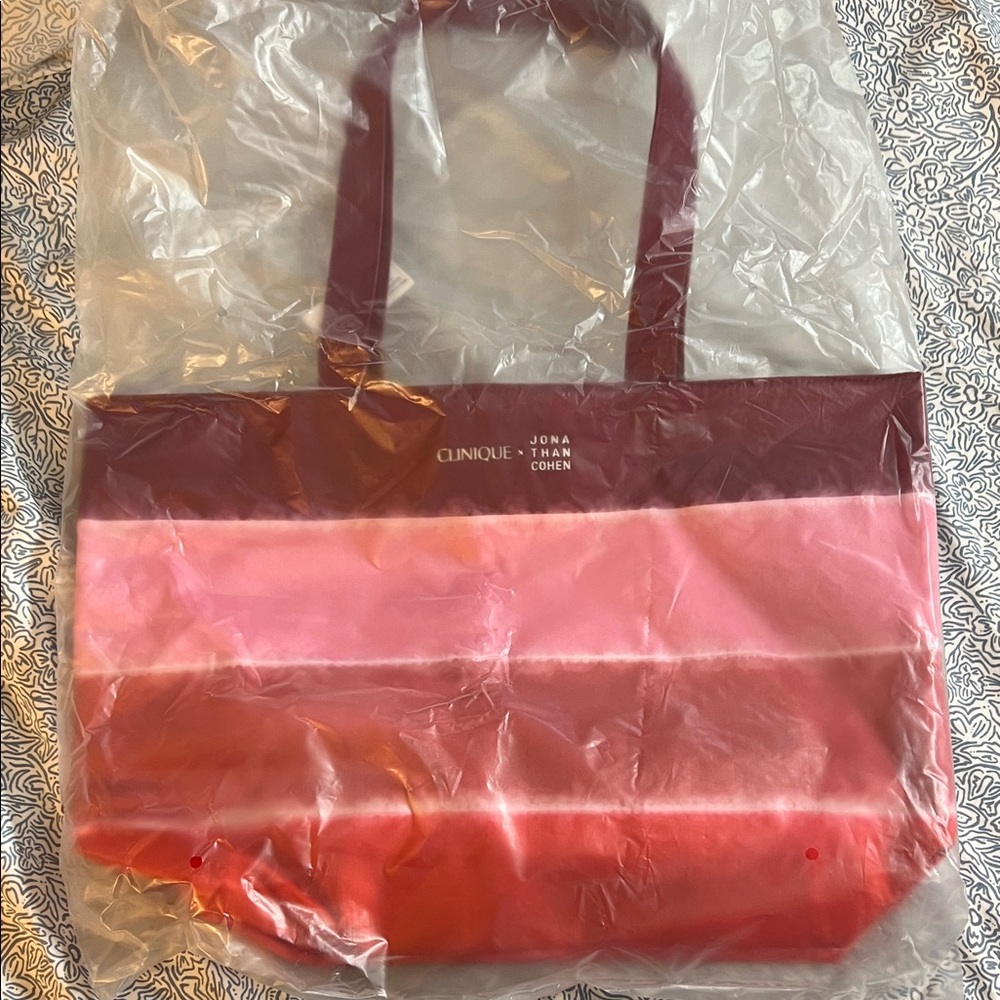 Clinique Red and Pink Striped Tote Bag
